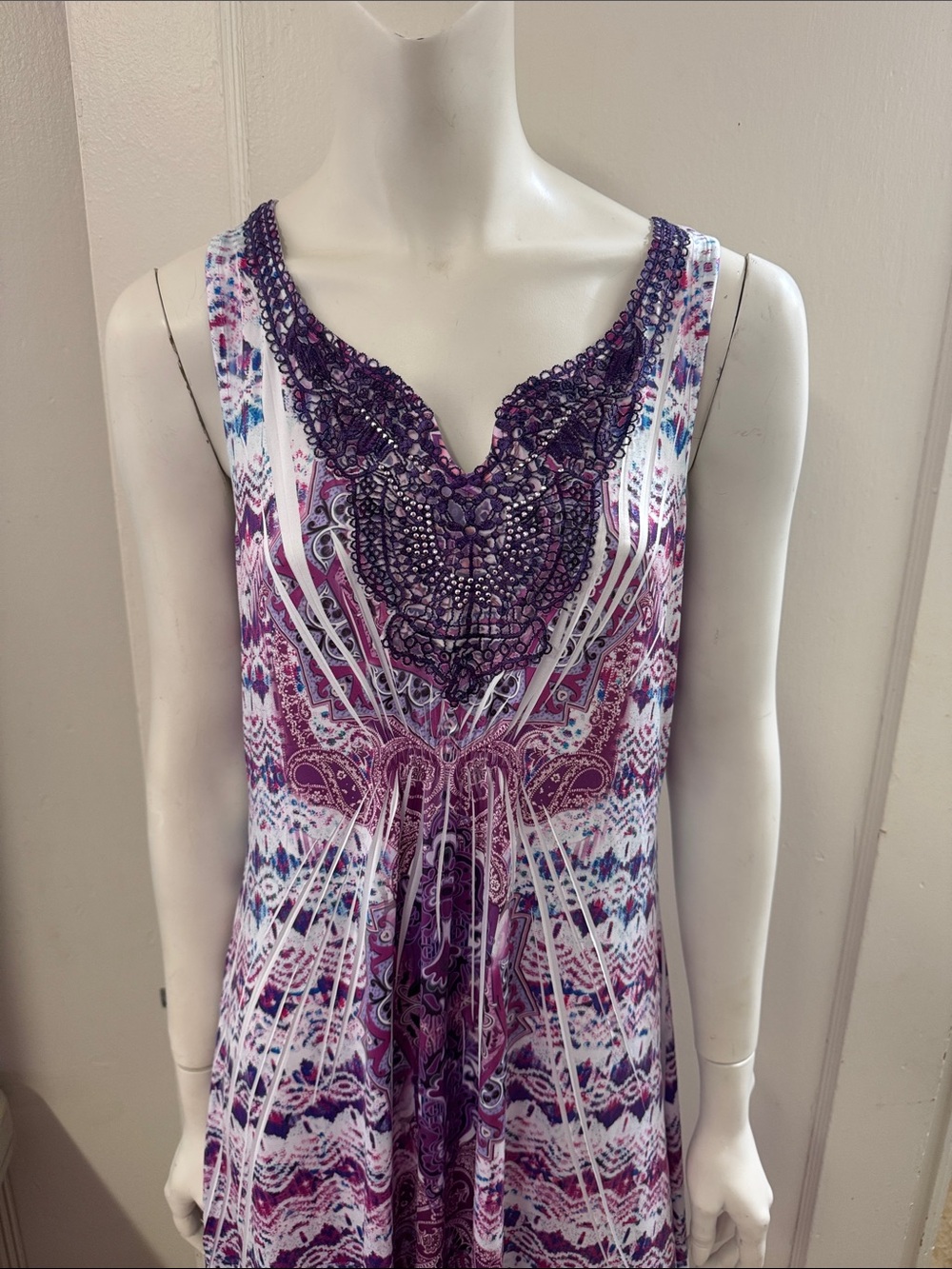 One World sleeveless Purple Midi dress embellished crochet handkerchief hem Sz M - Picture 13 of 14